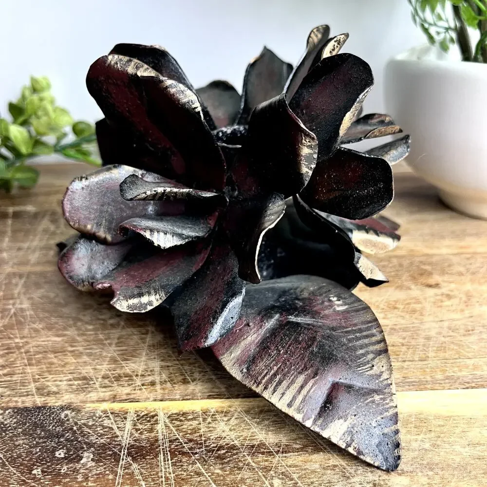 Rustic Metal Blooming Flower Pinecone Candle Holder Sculpture Handmade Weathered